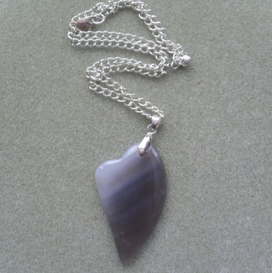 Grey Heart Shaped Agate Pendant Silver Plated Necklace