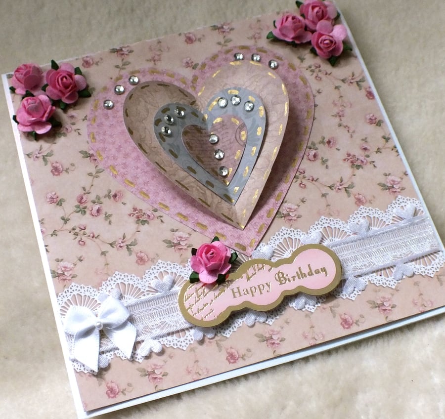 Handmade Pretty Sparkling Hearts and Roses Birthday Card