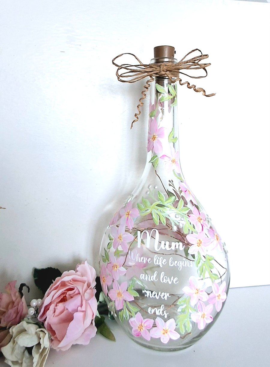 Mothers Day Gift, Hand Painted Blossom Illuminated Glass Bottle