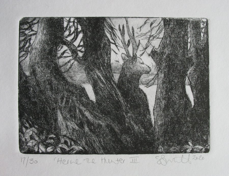 Moody drypoint etching 'Herne the Hunter III'