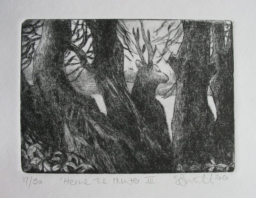 Moody drypoint etching 'Herne the Hunter III'