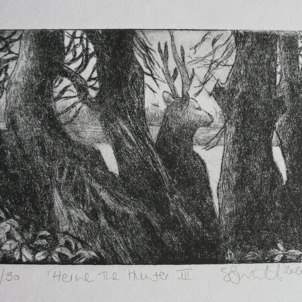 Moody drypoint etching 'Herne the Hunter III'