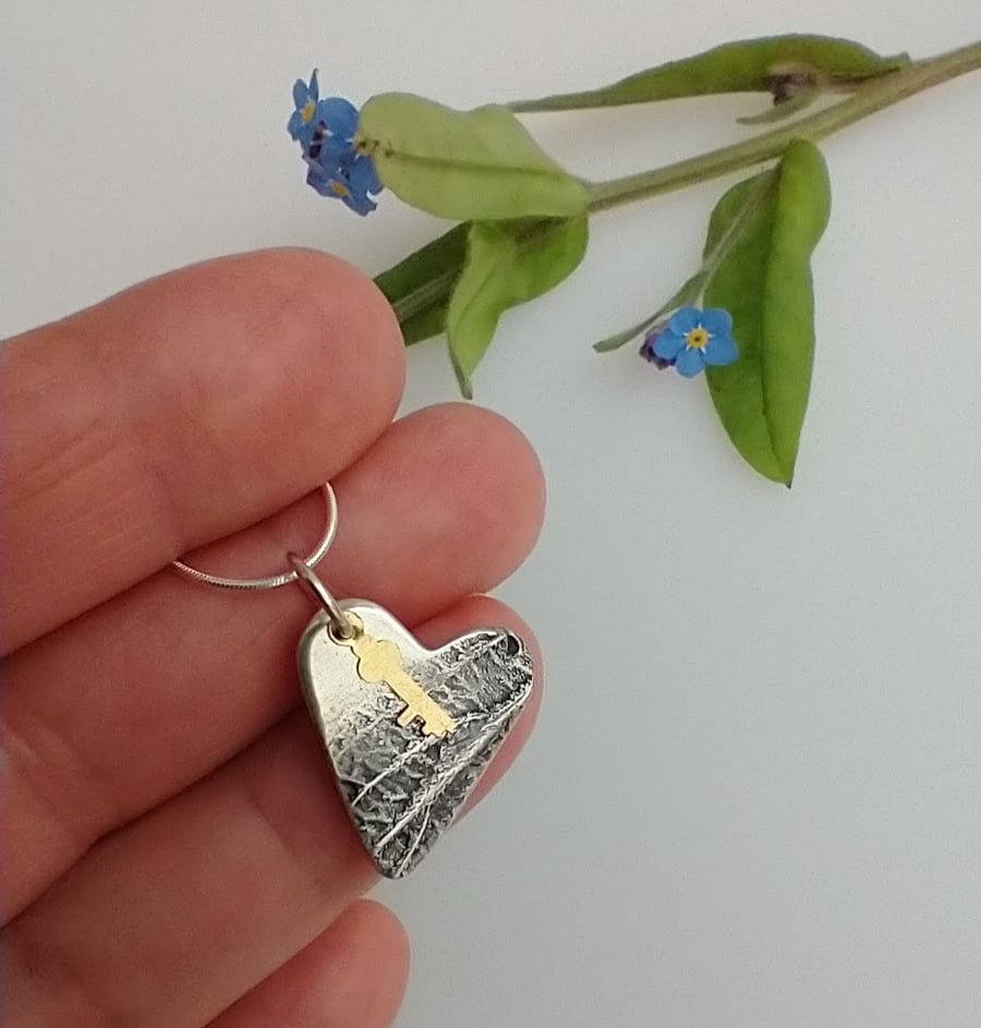 Key to my Heart Fine Silver Leaf Textured Necklace