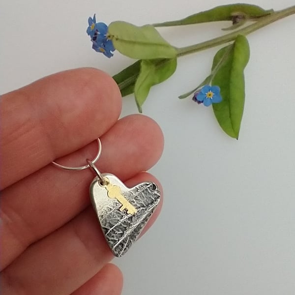 Key to my Heart Fine Silver Leaf Textured Necklace