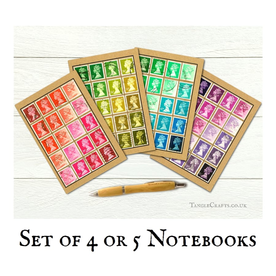 Set of 4 or 5 Postage Stamp Notebooks - Recycled British Stamps, A6 Journals
