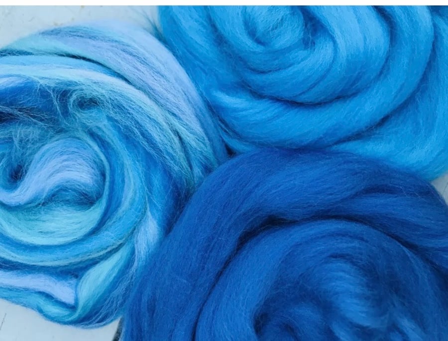 Felting wools, set of blue felting wool tops, 30grams