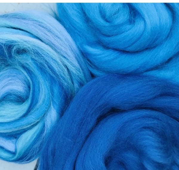 Felting wools, set of blue felting wool tops, 30grams