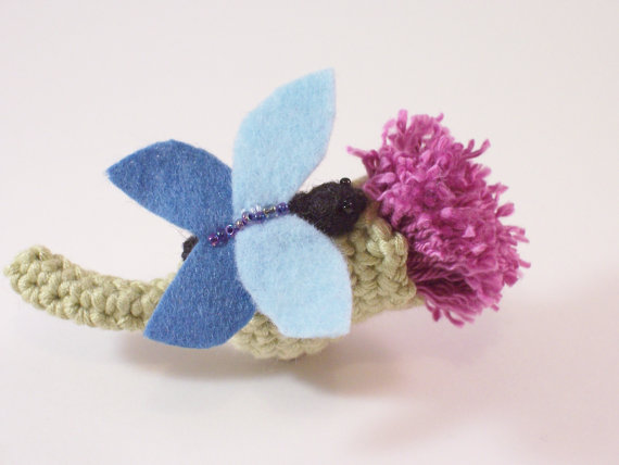 Made to order thistle and felt butterfly brooch in green, blue and purple