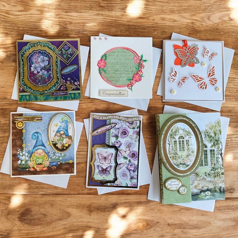 6 Handmade Greeting Card Set – Assorted Decoupage & Mixed Media Destash Cards