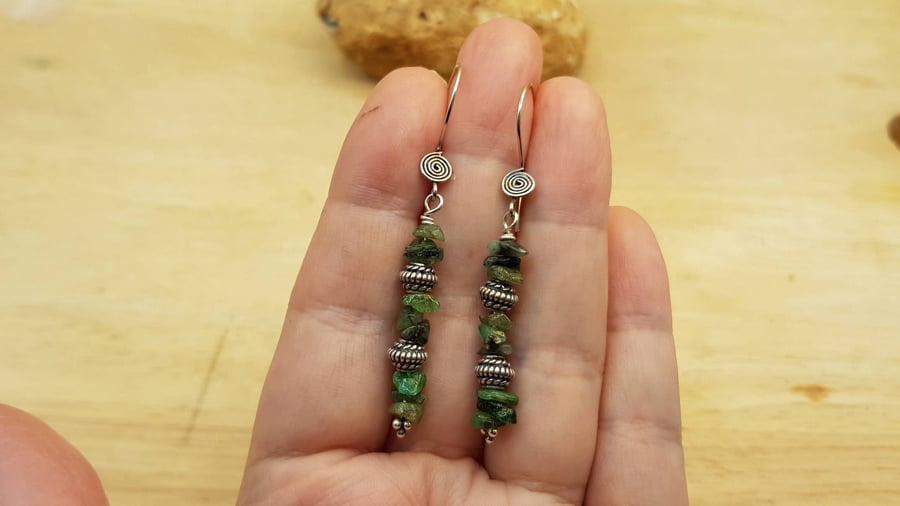 Green Long Raw Emerald earrings. May birthstone. Reiki jewellery