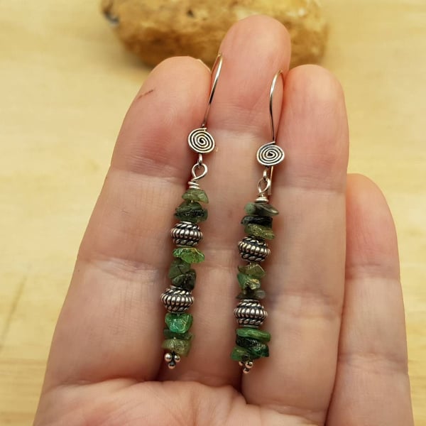 Green Long Raw Emerald earrings. May birthstone. Reiki jewellery