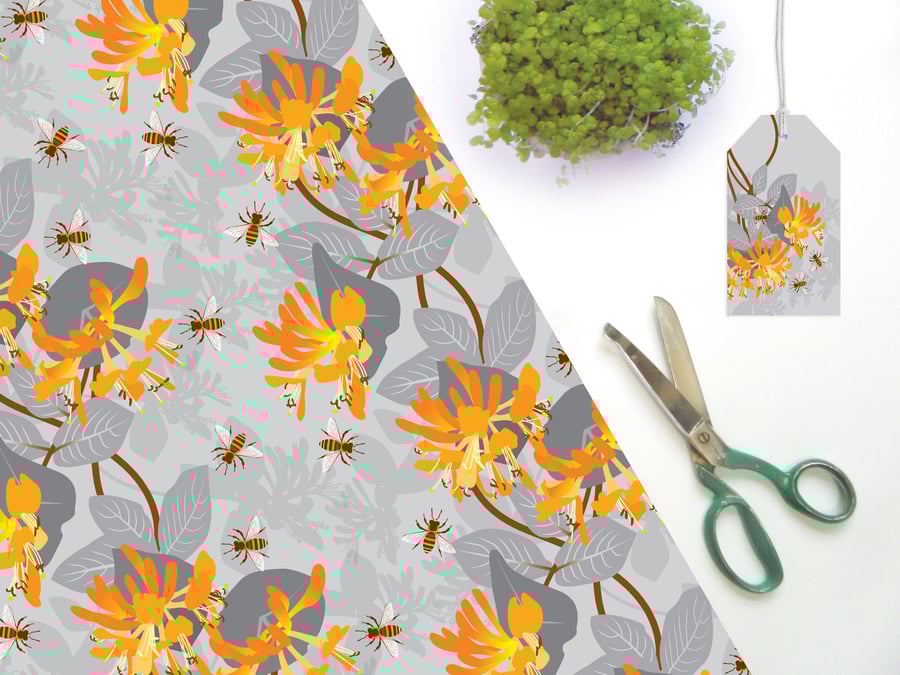 Bees with Honeysuckle Gift Wrap - 2 folded sheets