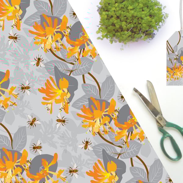 Bees with Honeysuckle Gift Wrap - 2 folded sheets