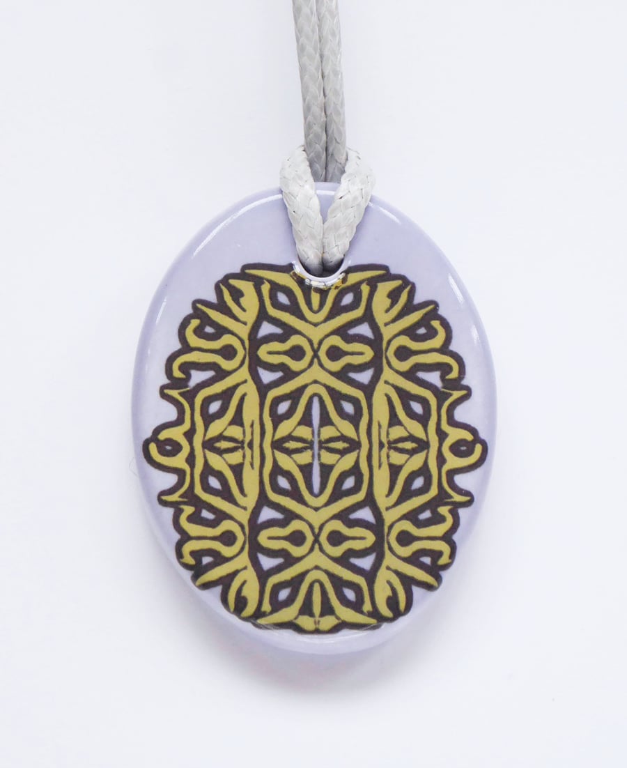 Mauve and Gold Colour Rococo Pattern Ceramic Pendant on Grey Cord with Clasp