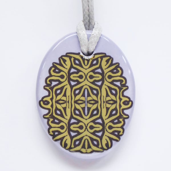 Mauve and Gold Colour Rococo Pattern Ceramic Pendant on Grey Cord with Clasp