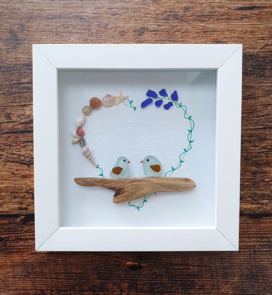 Sea glass, seashells and driftwood LOVEBIRDS