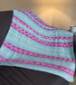Hand Knitted Baby Blanket Pink Blue Cream Fair Isle Pram Blanket Gift