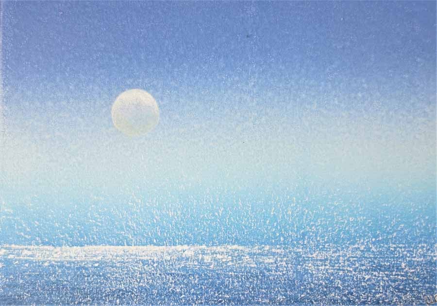 Summer evening full moon over the sea an original monoprint with added gouche