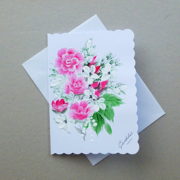 hand painted original art floral greetings card ( ref FA 129 J2 )