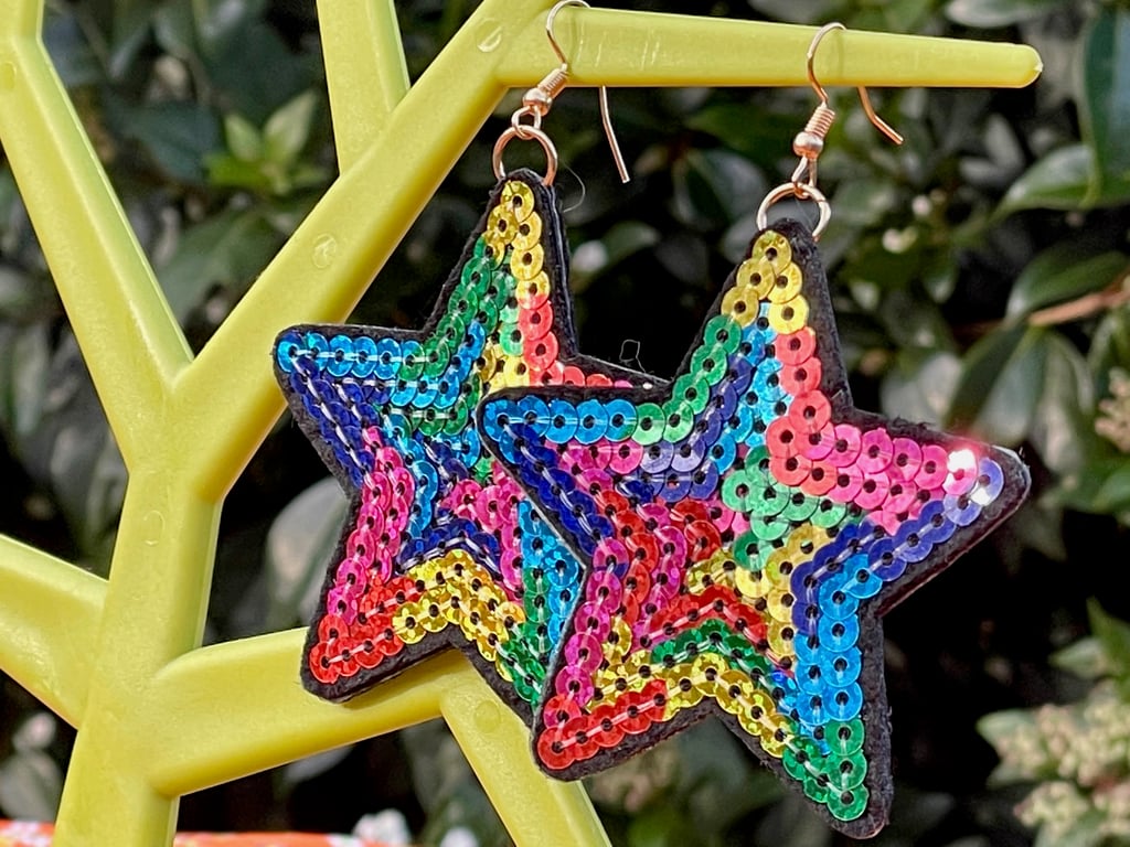 SEQUIN STAR EARRINGS seventies disco kawaii light Studio 54 double sided