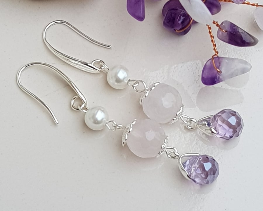 Rose quartz drop earrings, handmade earrings