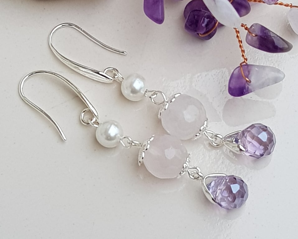 Rose quartz drop earrings, handmade earrings