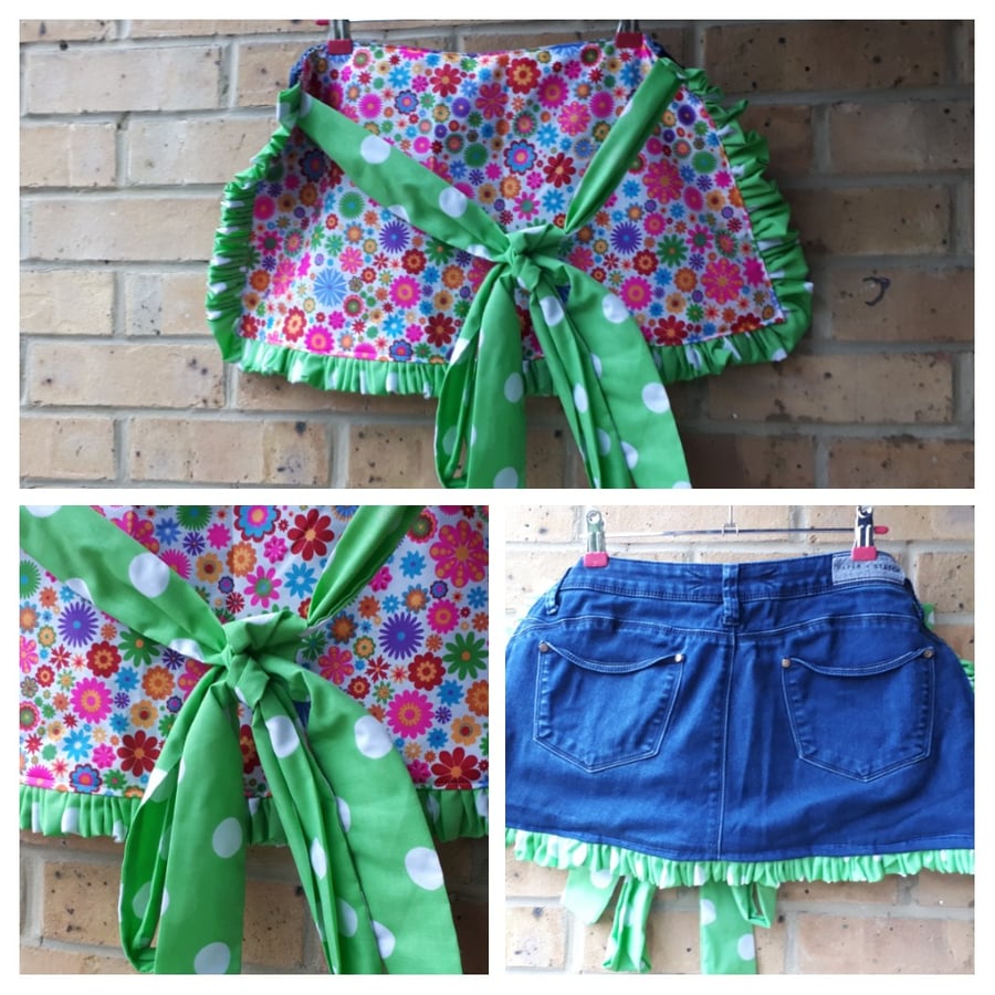 Denim apron pinny with green frills and flower power fabric. SALE  