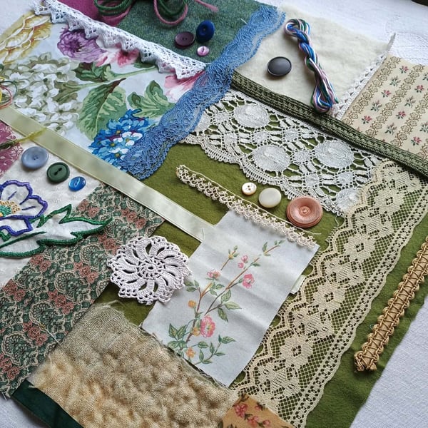 Large Slow Stitching kit - Late summer garden - plum and gold vintage textiles