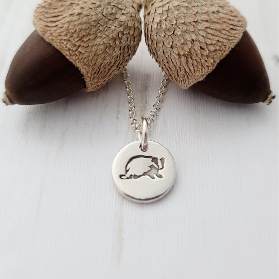 Tiny Sterling SIlver Badger Animal Necklace 