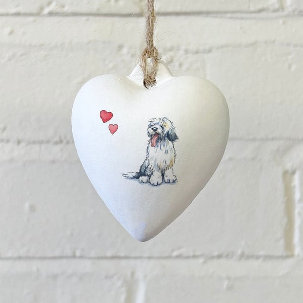 Old English Sheepdog Ceramic Heart Bauble