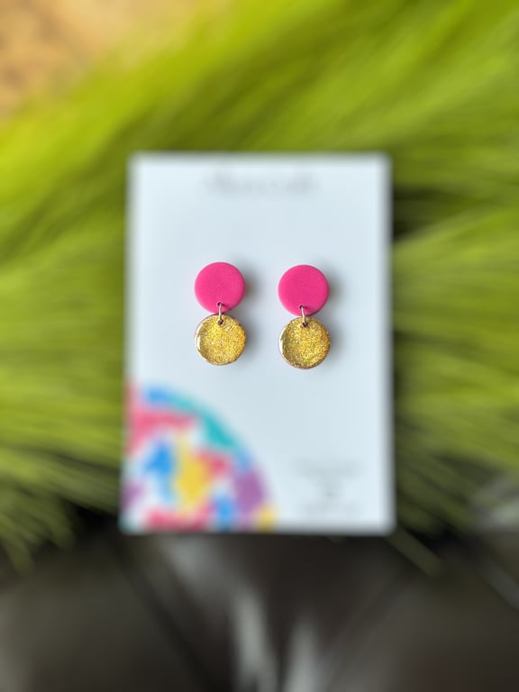 Gold and Pink Circle Drop Polymer Clay Earrings