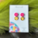 Gold and Pink Circle Drop Polymer Clay Earrings