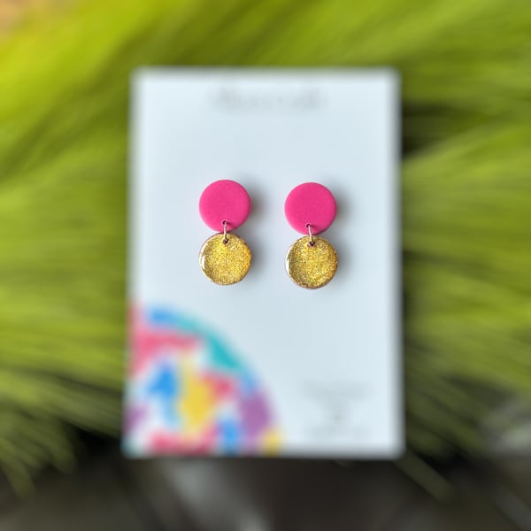 Gold and Pink Circle Drop Polymer Clay Earrings