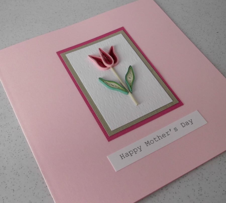 Handmade happy Mother's day card with paper quilling tulip