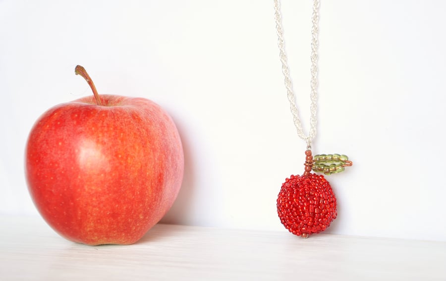 Red apple necklace, Beadwork pendant, Teachers gift, Fruit necklace, Unique
