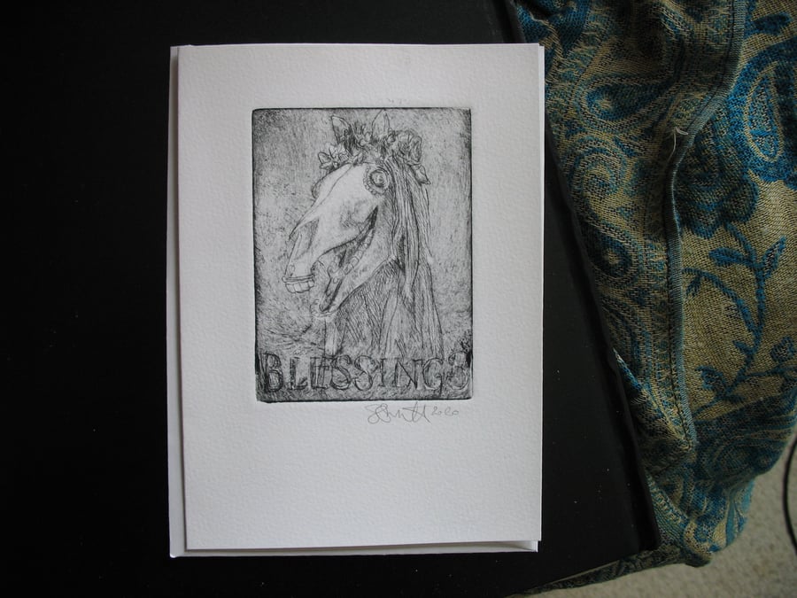 Mari Lwyd blank original etching blessings greetings card