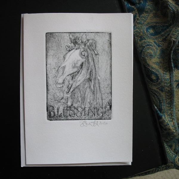 Mari Lwyd blank original etching blessings greetings card