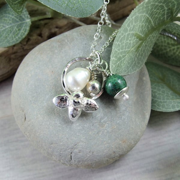 Sterling Silver Bee Charm Necklace with Pearl and Chrysocolla