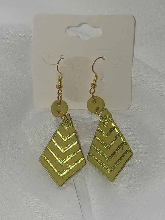 Lime Green and Gold Art Deco Chevron Dangles - Geometric Clay Earrings