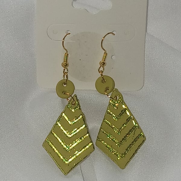 Lime Green and Gold Art Deco Chevron Dangles - Geometric Clay Earrings