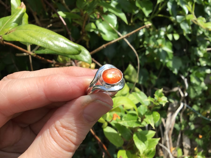 Natural Sunstone Sterling and Fine silver open back ring