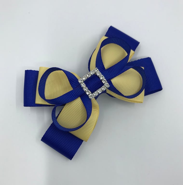 Cobalt Blue and Pale Yellow Double Layer Bow with Cobalt Blue Loops on Clip