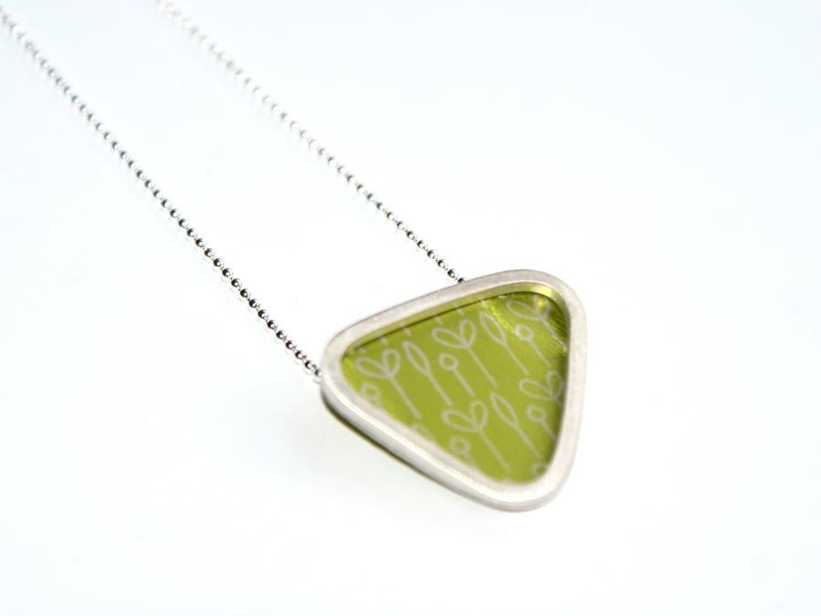 Silver and lime triangle necklace - spring buds pattern