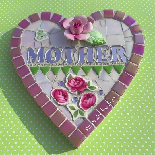 An original handcrafted ' MOTHER ' pique-assiette heart mosaic by Amanda Rudkin