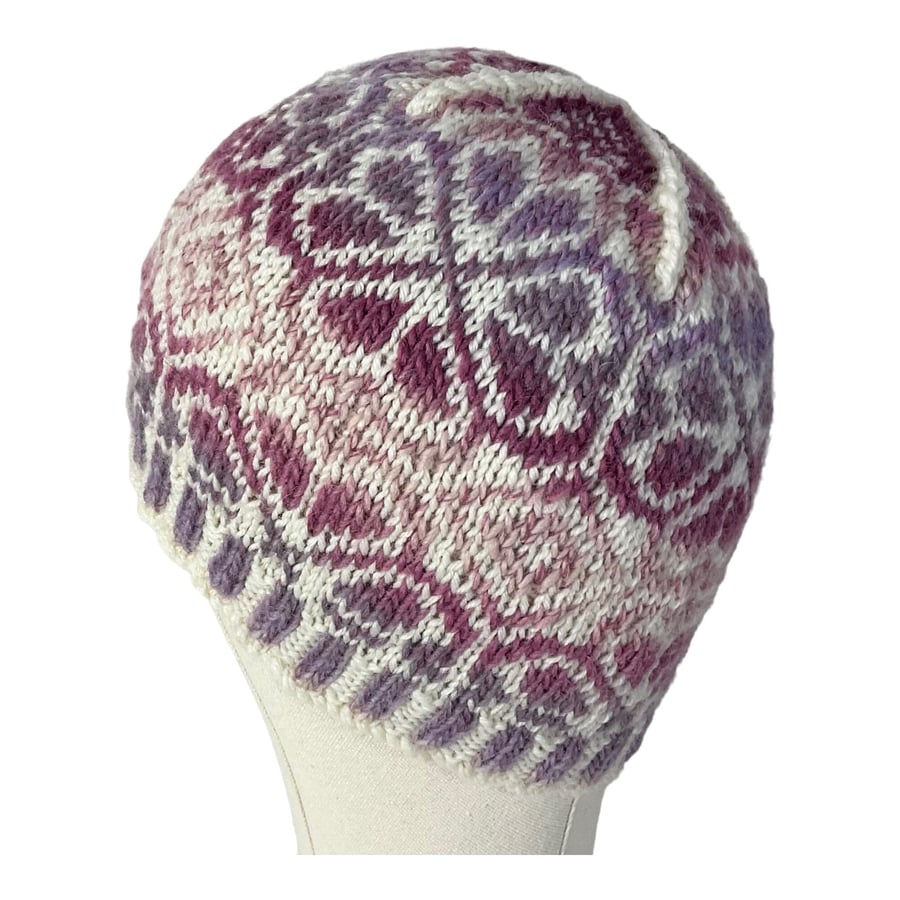 Floral Fairisle hat, purple stranded beanie, Norwegian hat, skull cap, hand knit