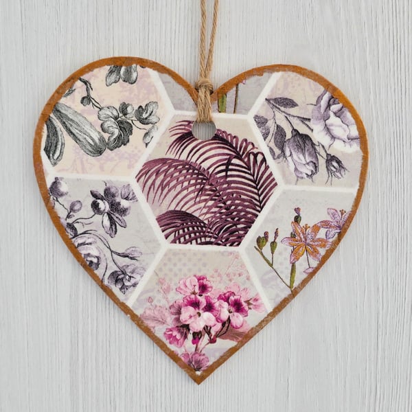 Decoupaged Wooden Hanging Heart 15cm (6”): Fern and Flower design