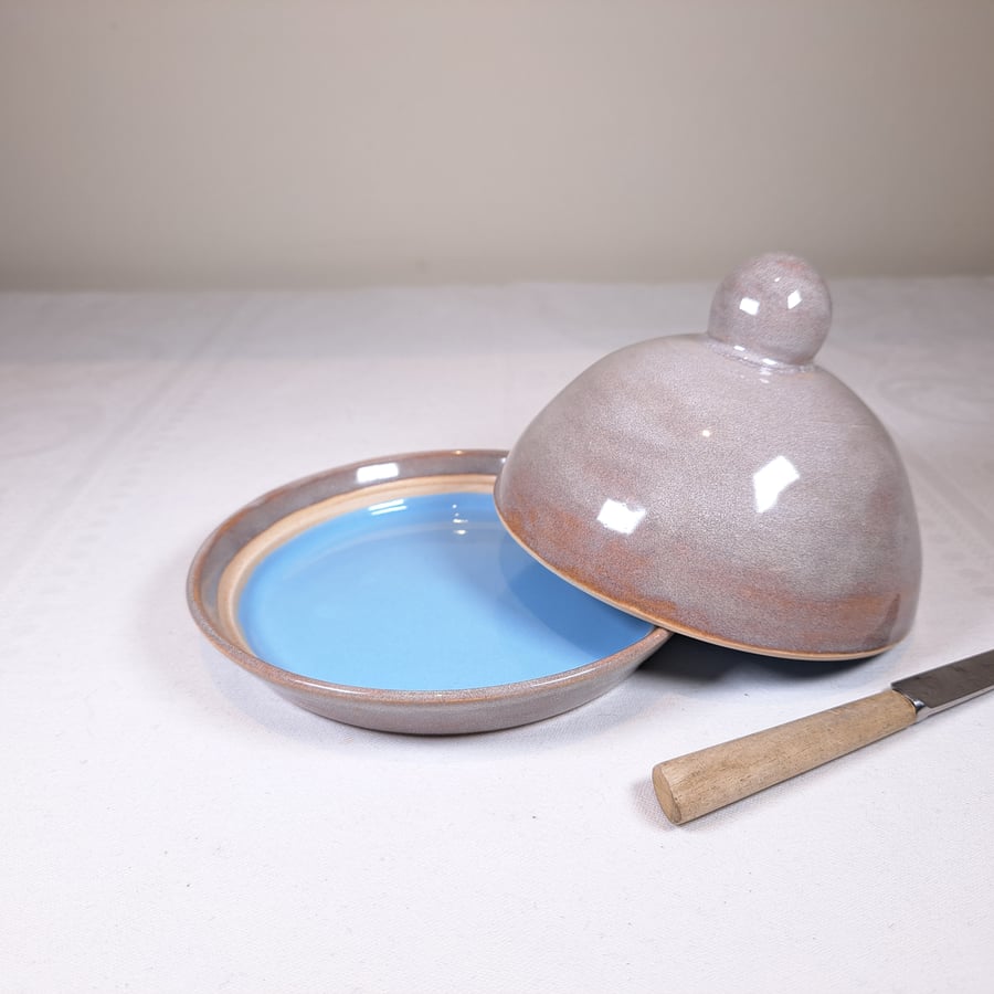 HAND MADE STONEWARE BUTTER DISH - glazed with turquoise and taupe