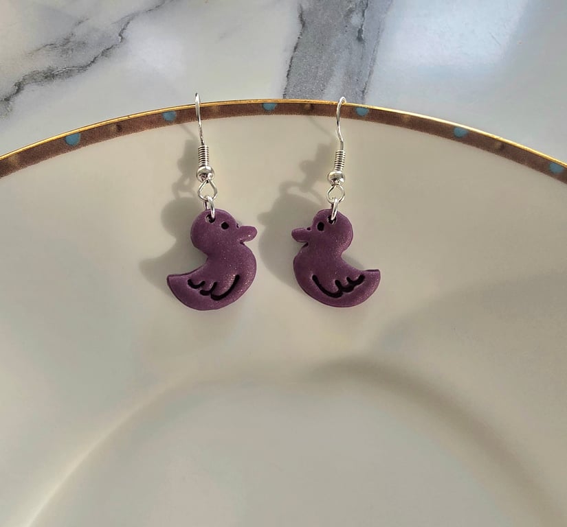 Polymer clay purple duck earrings on silver plated earhooks