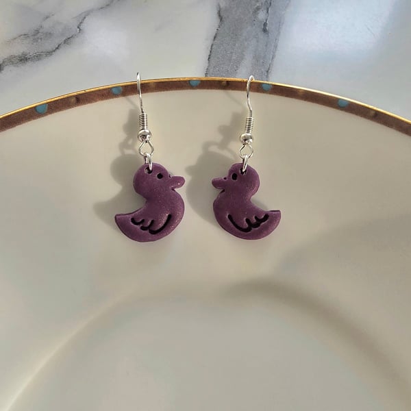 Polymer clay purple duck earrings on silver plated earhooks