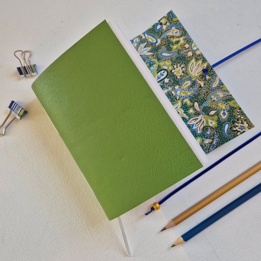 Green Leather Journal, lined with Paisley Chiyogami Pattern, A6 Notebook
